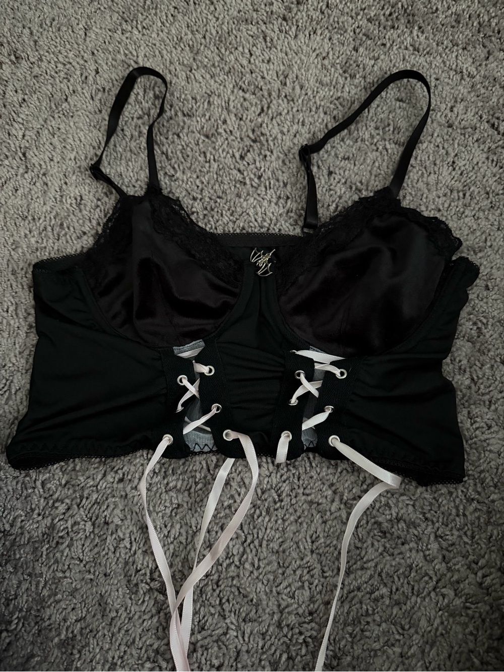 Black Satin & Lace Corset Bralette with pink Ribbon Lacing